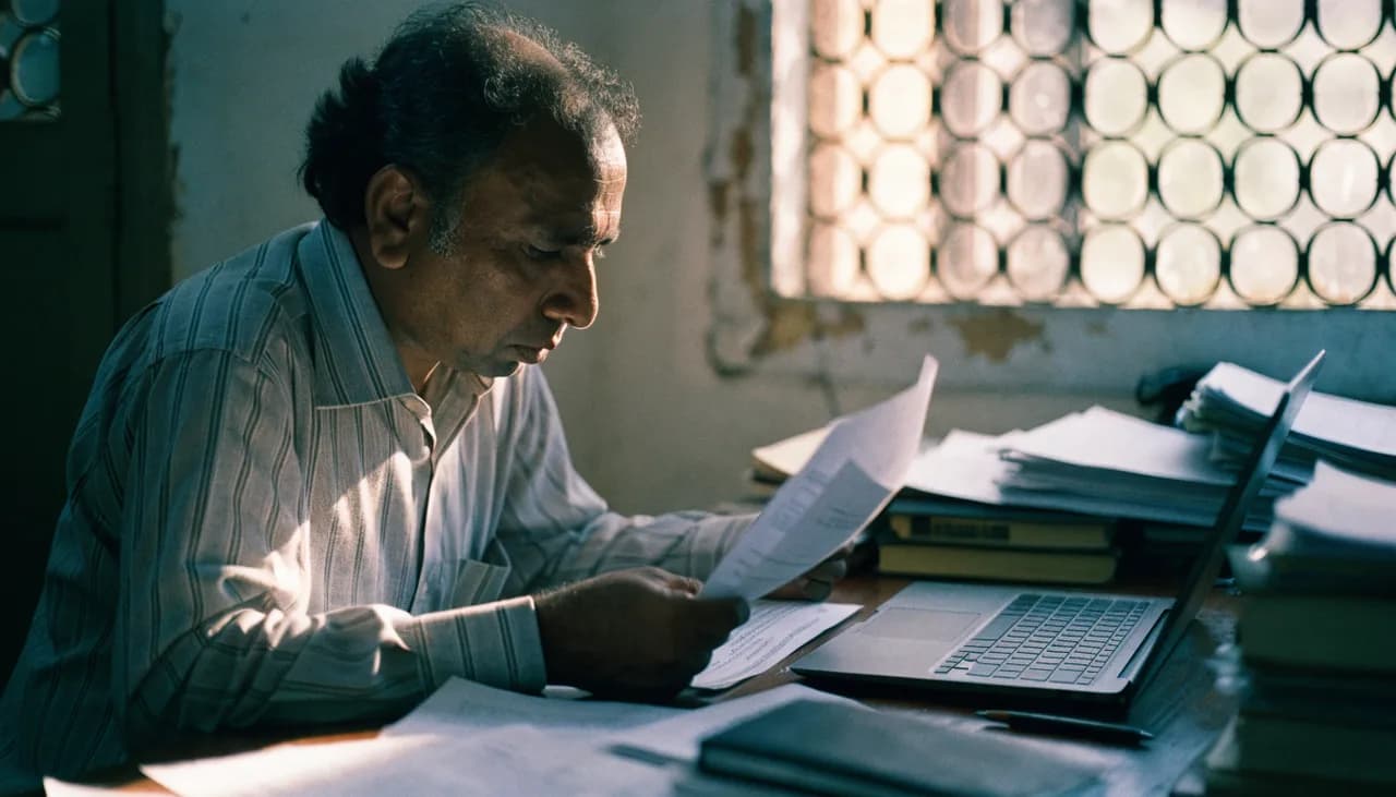 A business owner at his desk reading a printed record beside an open laptop, ledgers and files stacked around him.