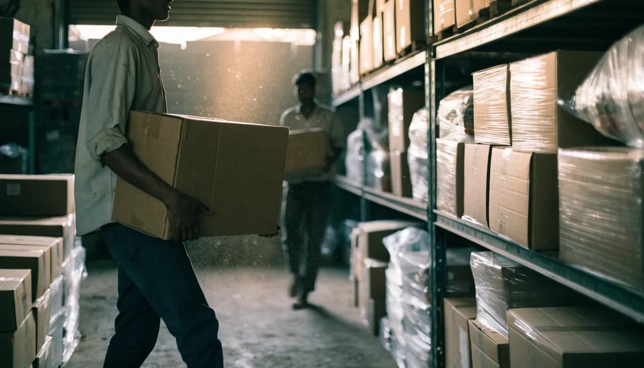 A worker carrying a carton down an aisle of stacked steel racking in a wholesale warehouse, morning light behind him.